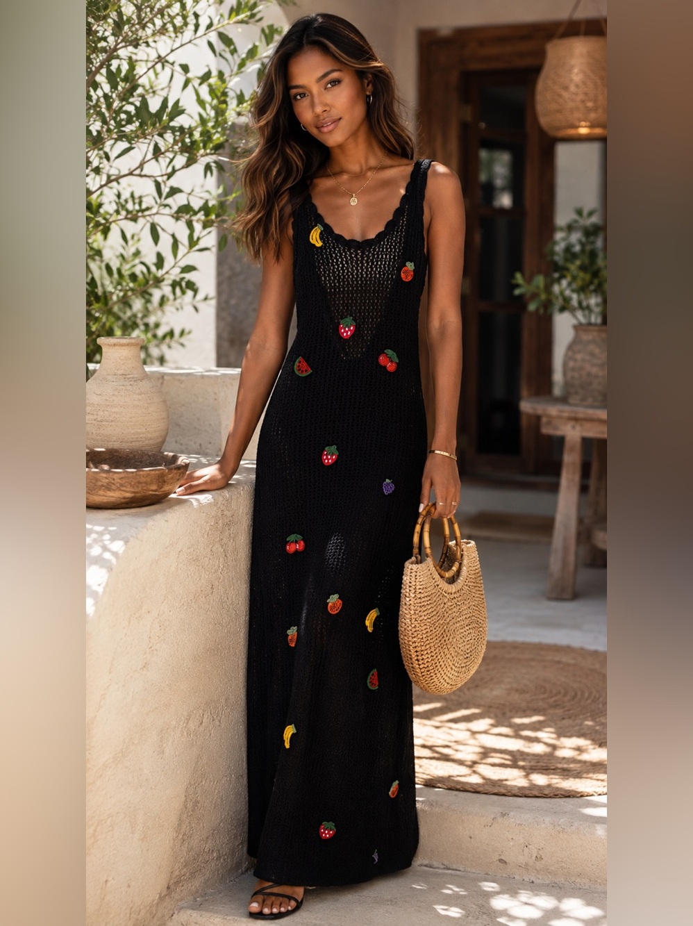 Jacquie The Label Black Crochet Fruit Appliqué Maxi Dress Size S NWT
